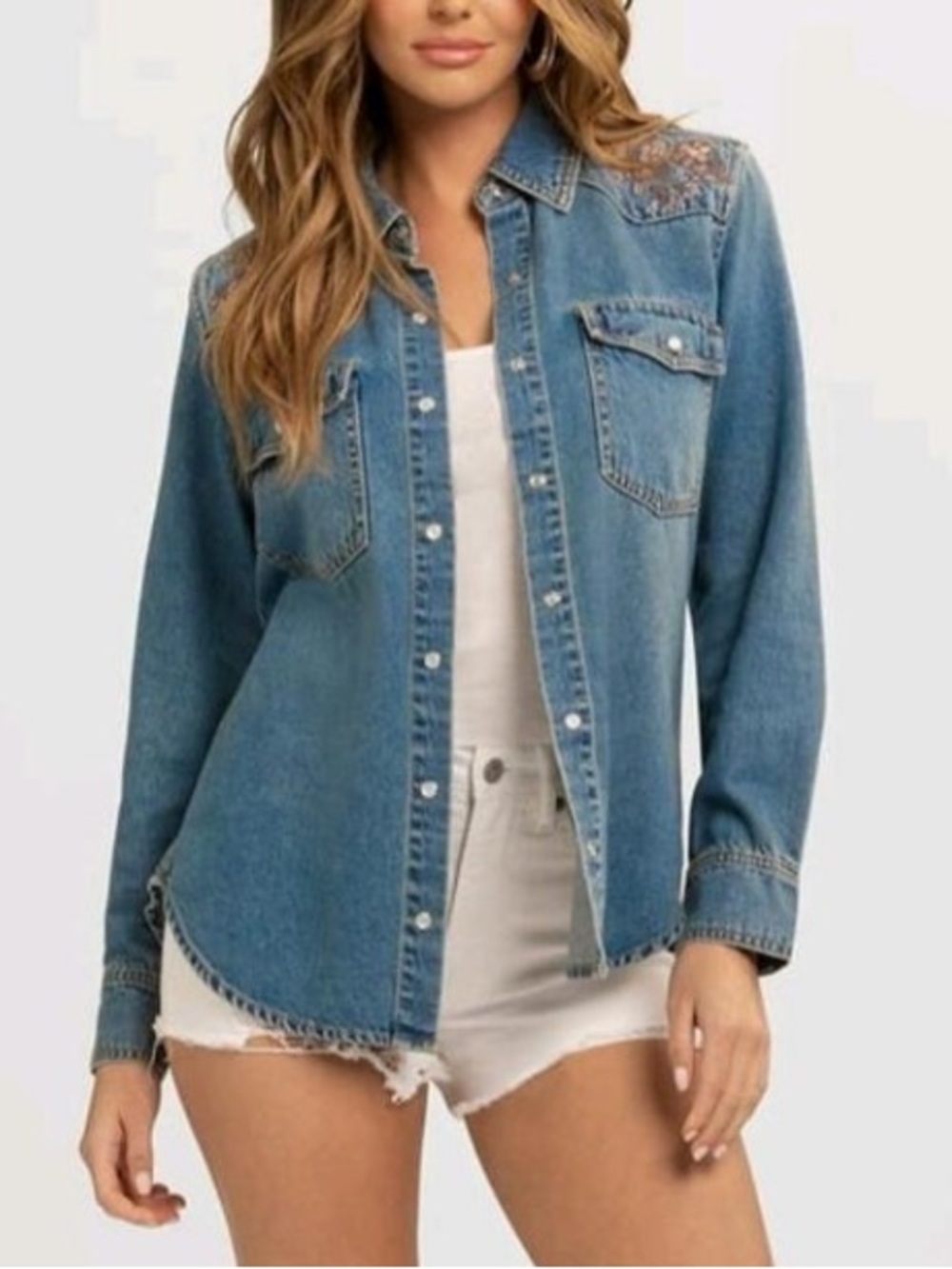 Jessica Simpson Western-Inspired Embroidered Denim Shirt - Blue